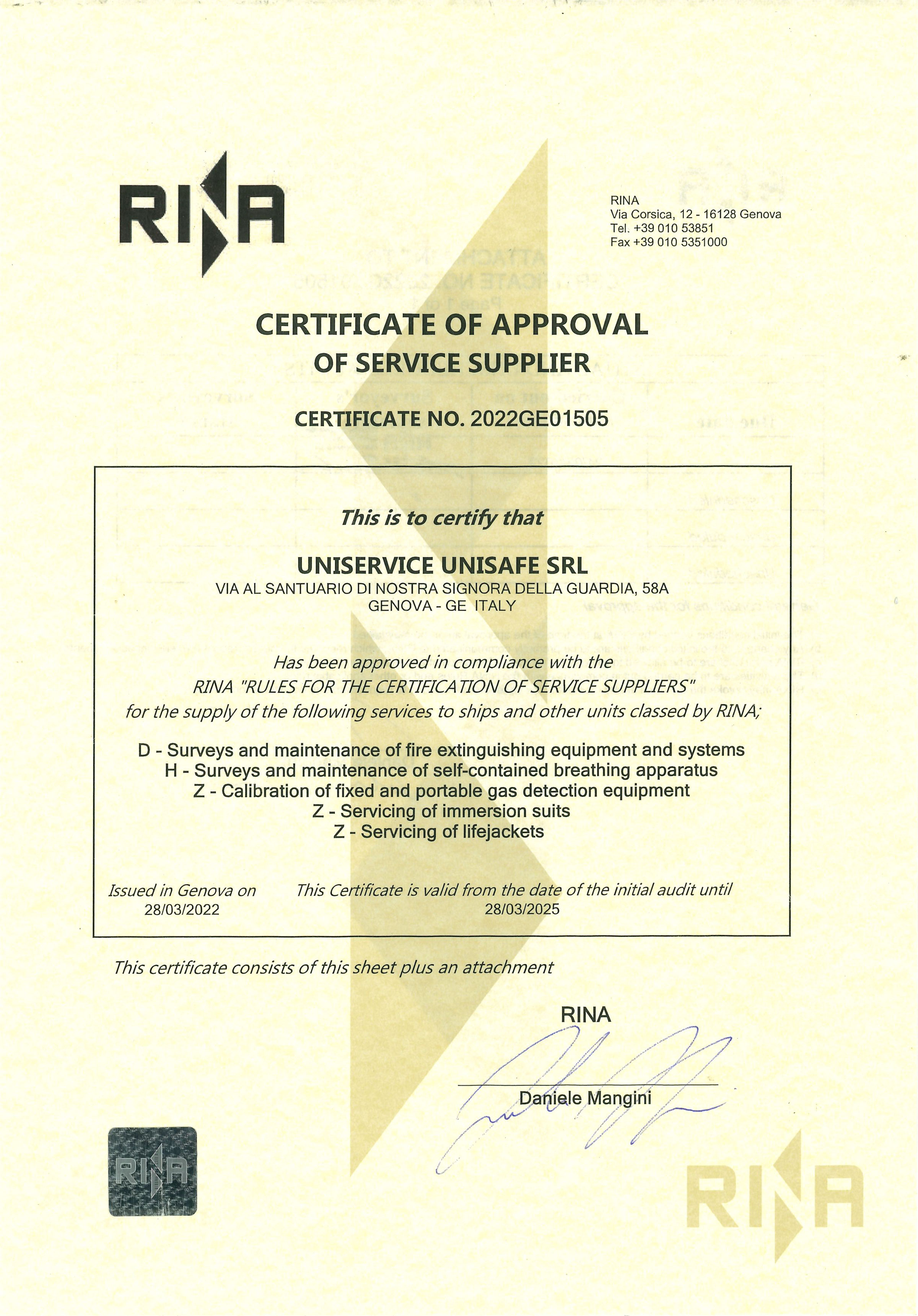RINA Certificate