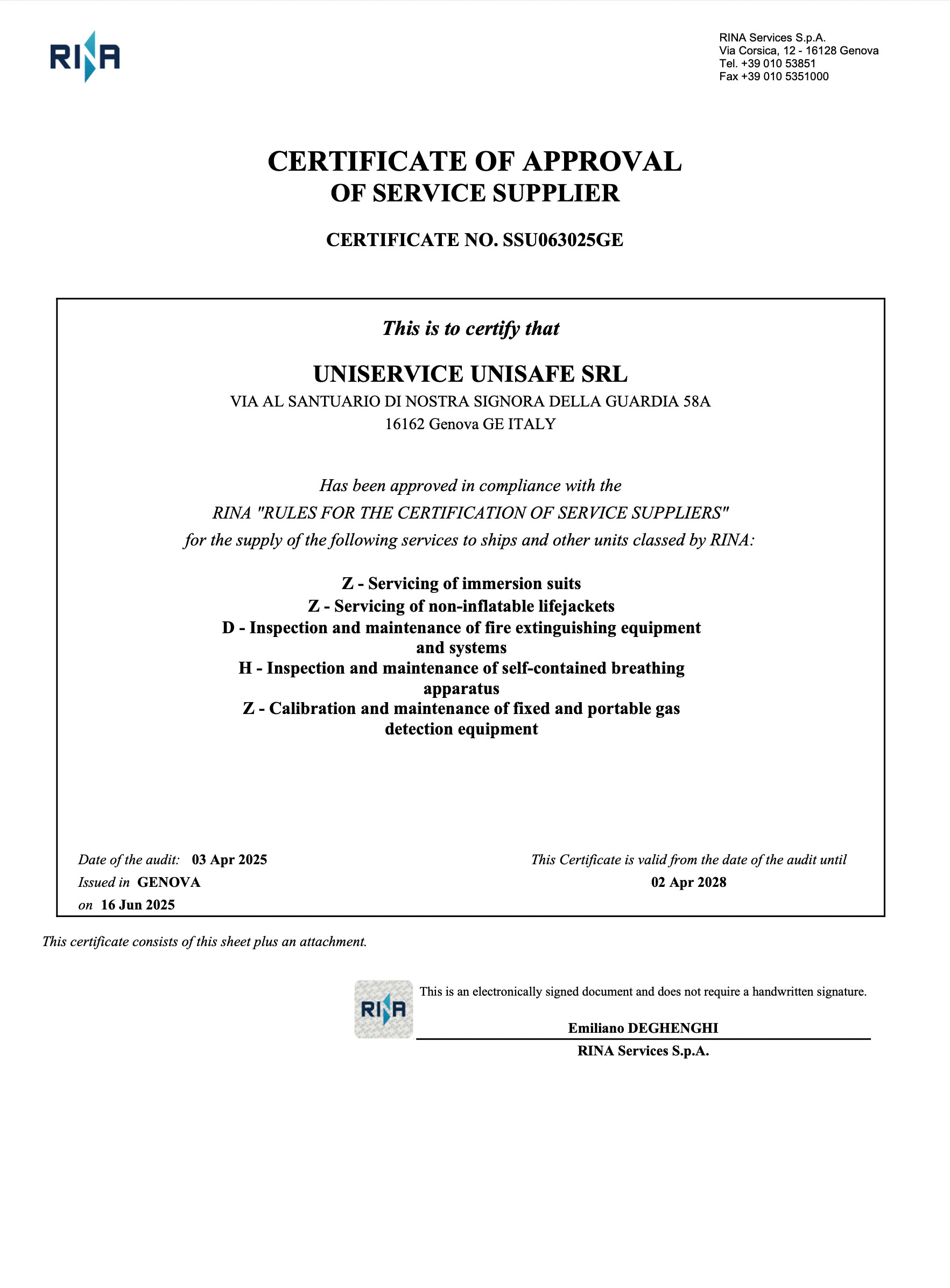 RINA Approval Certificate